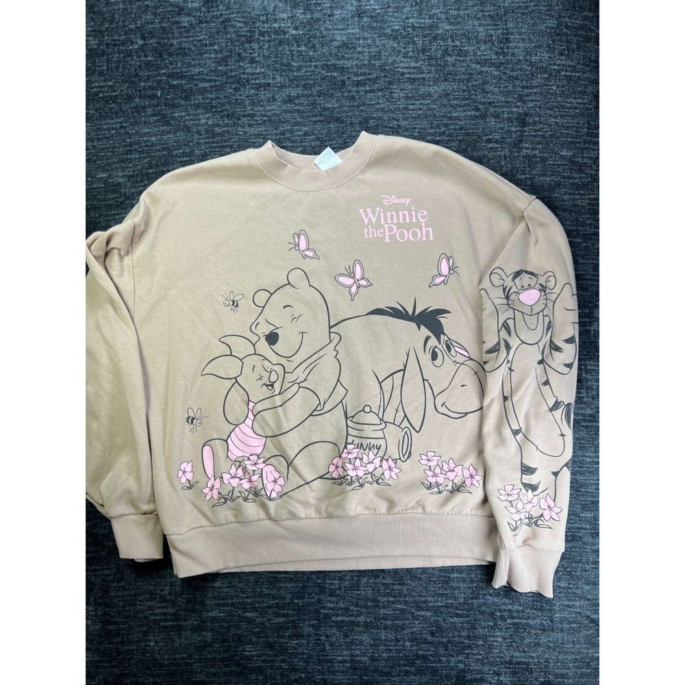 Disney Winnie the Pooh Sweatshirt Womens M Tan Graphic Crewneck Eeyore Tigger